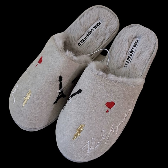 NEW KARL LAGERFELD PARIS LOGO-EMBROIDED FAUX FUR SLIPPERS SANDALS WOMEN … - Picture 2 of 5
